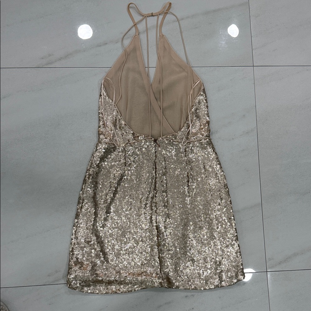 Gold Sequin Mini Dress with Spaghetti Straps - Picture 2 of 2